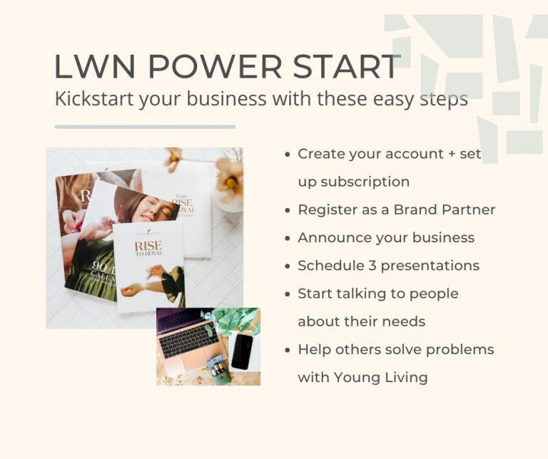 Graphic, LWN Power Start- - Kickstart your business with these easy steps- Create your account + set up subscription Register as a Brand Partner Announce your business Schedule 3 presentations Start talking to people about their needs Help others solve problems with Young Living